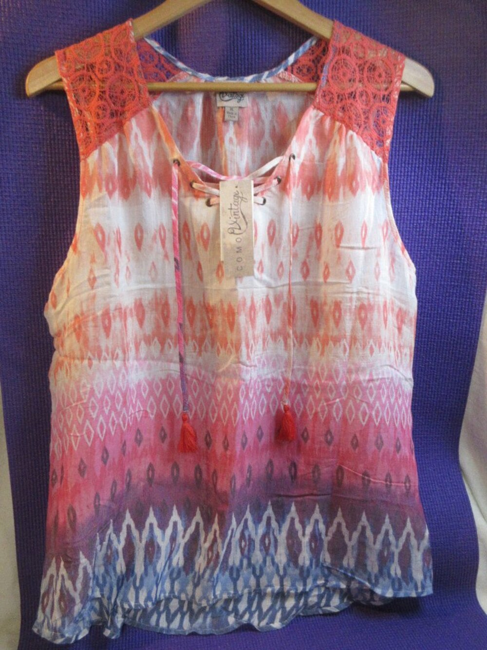 NWT~COMO VINTAGE ~ADORABLE TOP WITH LACE & TIE FRONT~SZ~X-LARGE